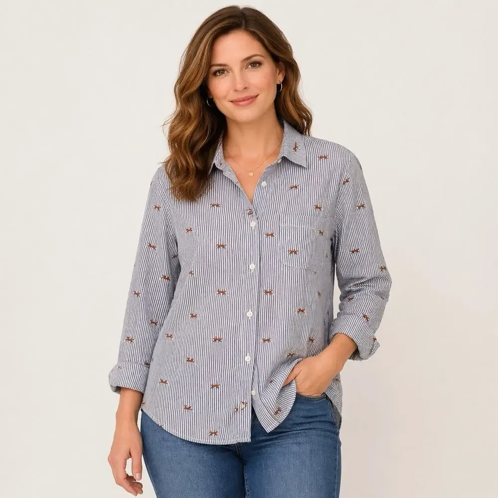 Old Navy The Classic Shirt Womens XL Blue White Striped Fox Print Preppy Top - Picture 8 of 12